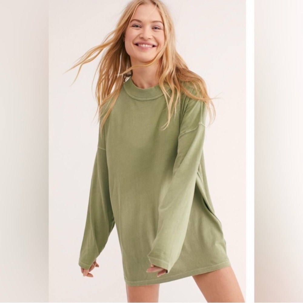 FREE PEOPLE We The Free Be Free Cotton Long Sleeve Tunic Tee Green